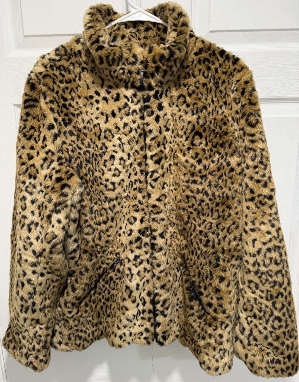 Vintage White Stag Leopard Print Faux Fur Coat Jacket Zip Up Jacket XL